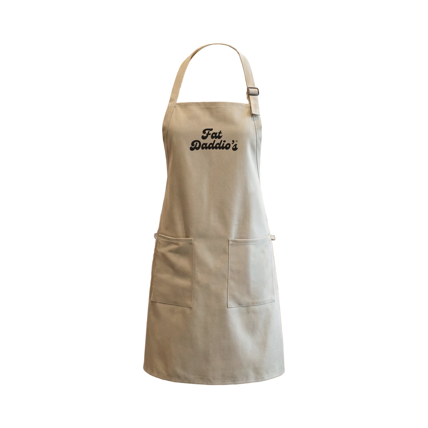 Khaki full-length Fat Daddio’s two pocket kitchen apron with neck loop and waist ties displayed against white background