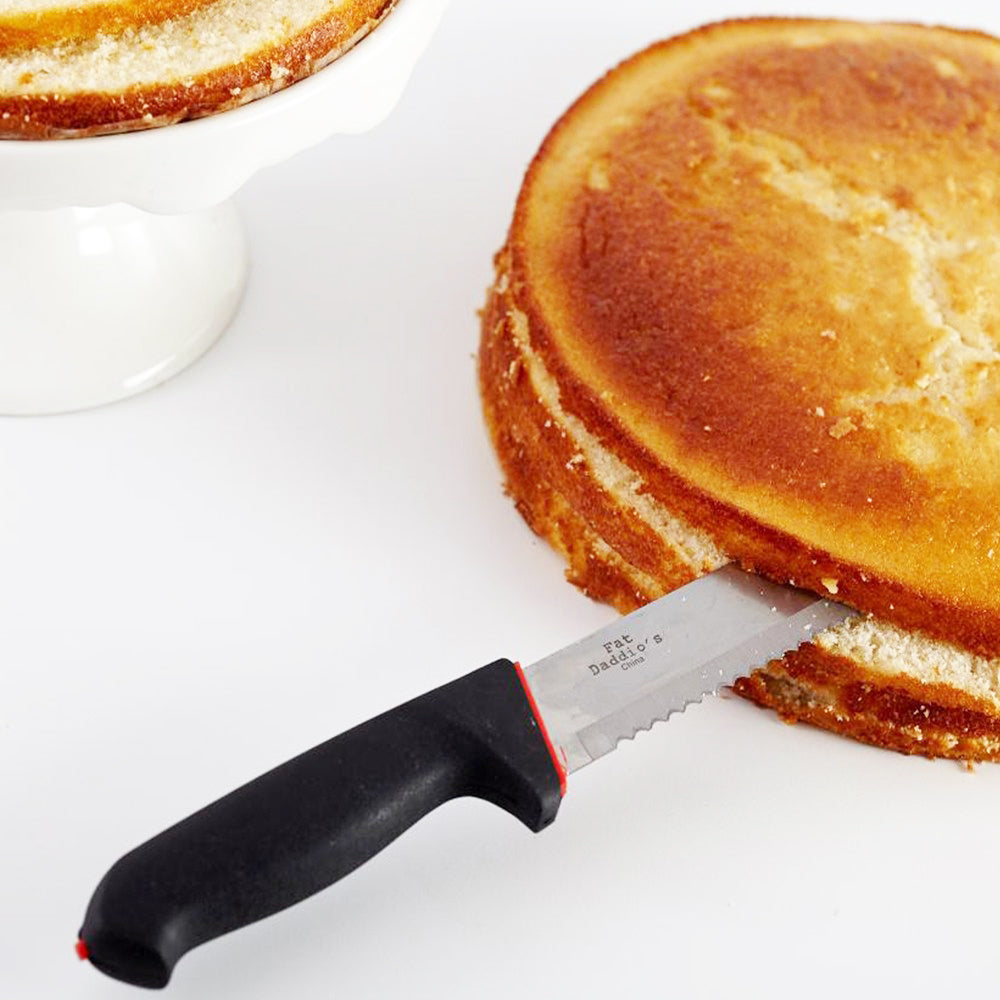 Bread & Cake Knife submerged mid-torte in a round cake on white