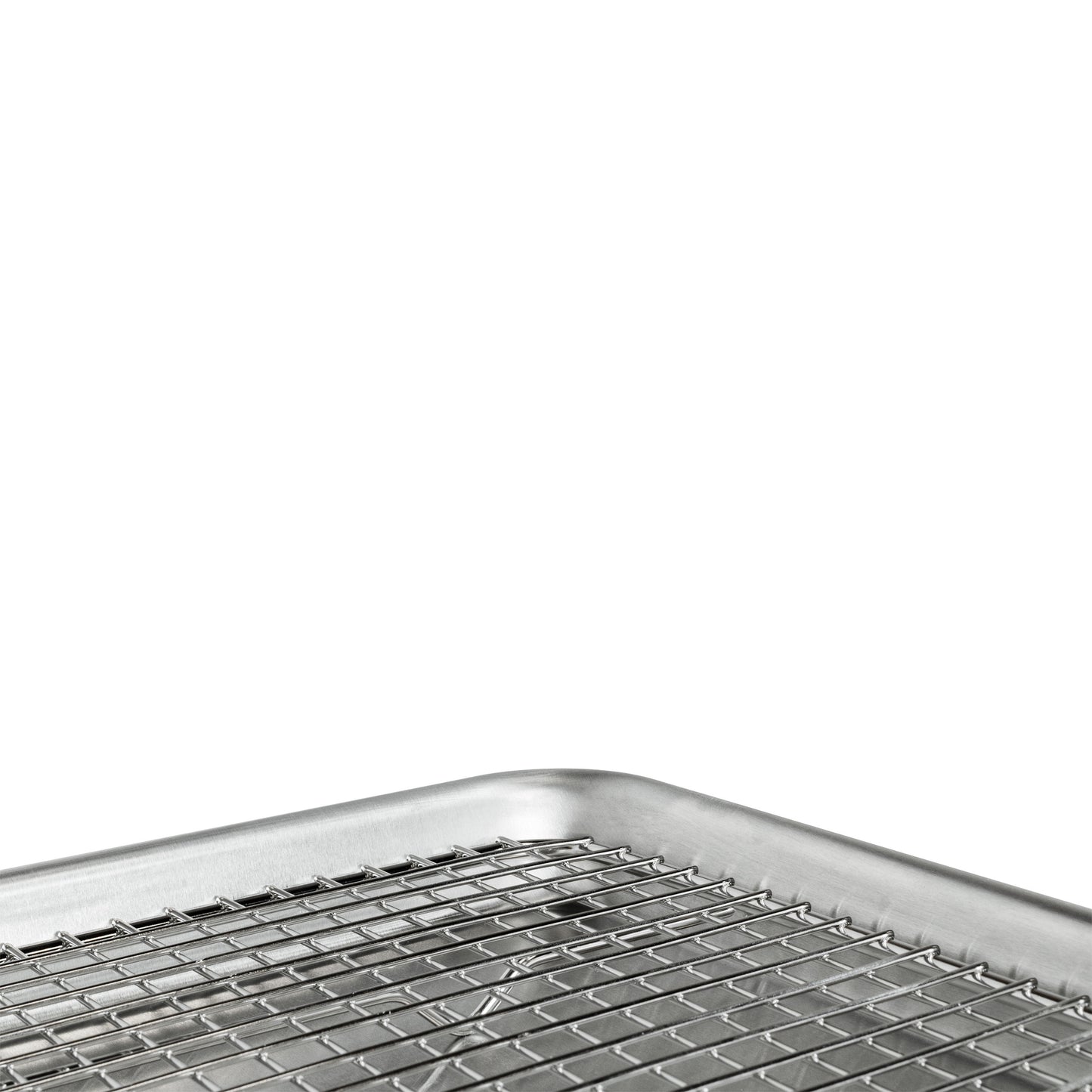 A cooling rack nested in a baking sheet pan