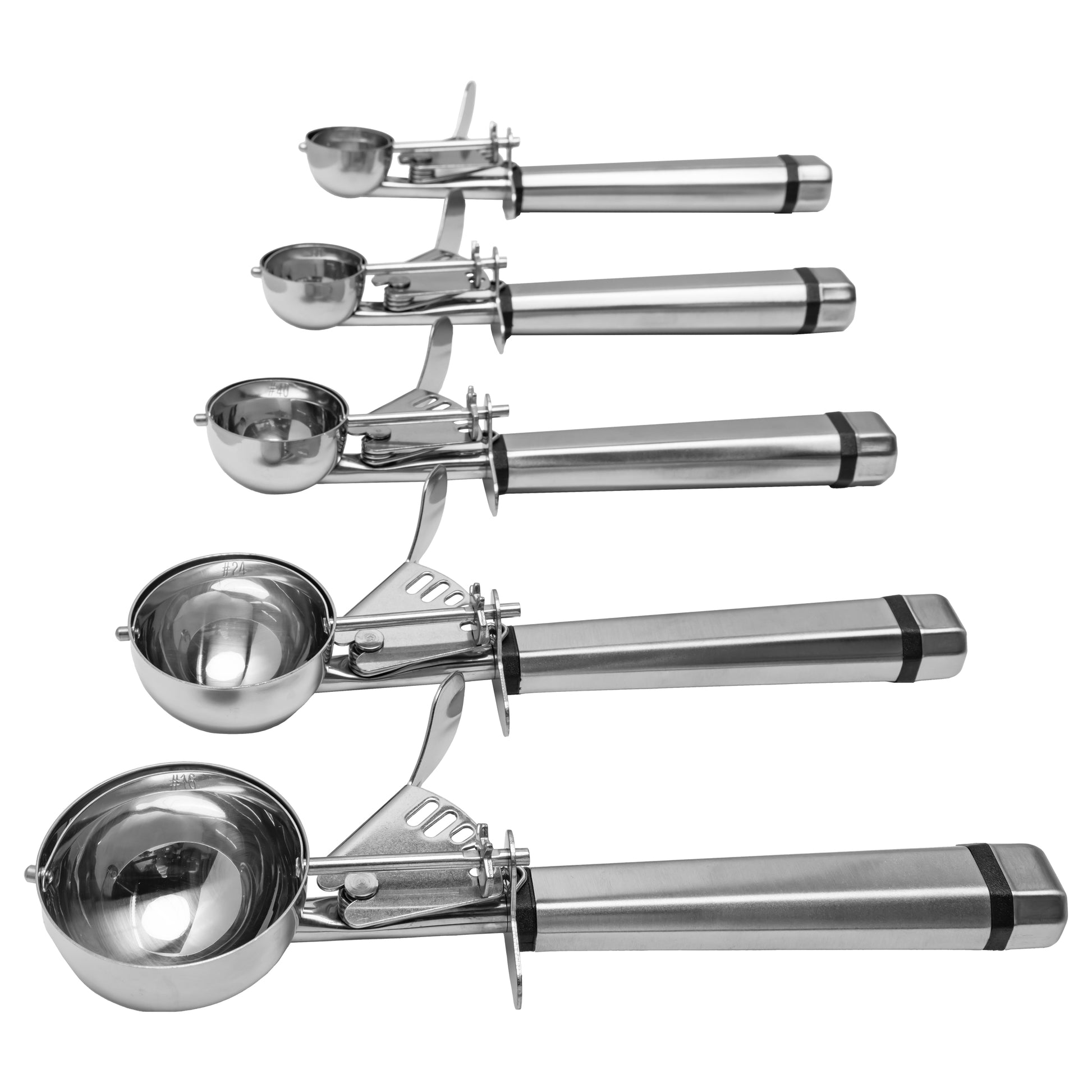 Assortment of five stainless steel scoops