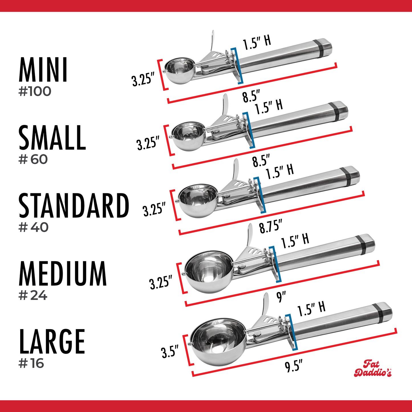 Stainless steel scoop sizes and specifications