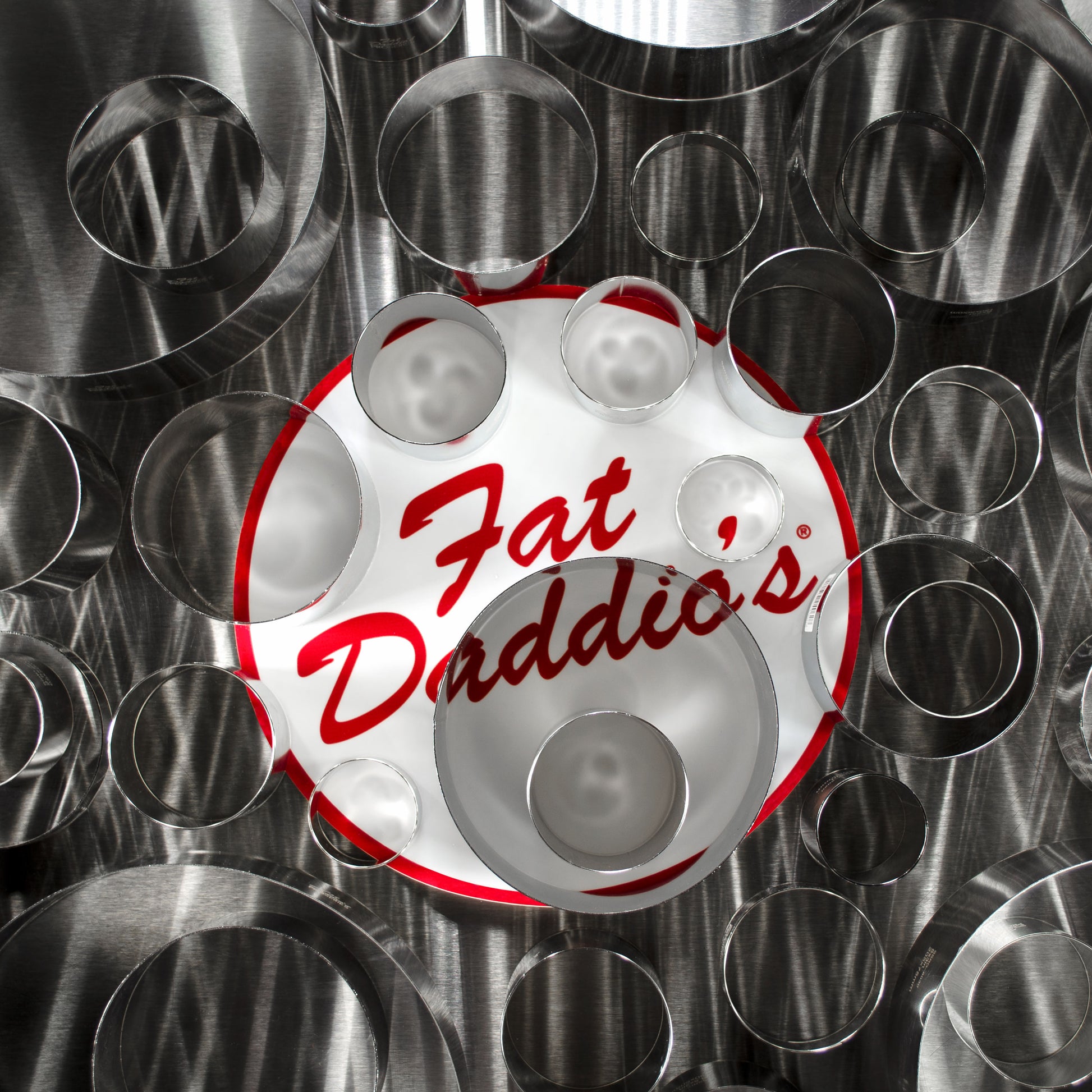 Fat Daddio's Logo surrounded by cake and pastry rings