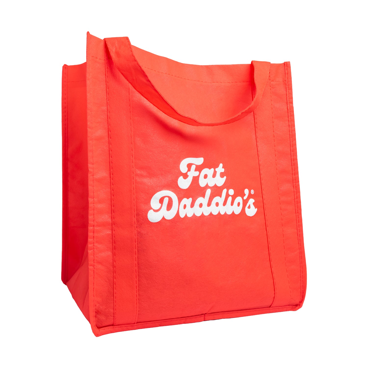 Red Fat Daddio's reusable tote bag with white logo and text printed on the side